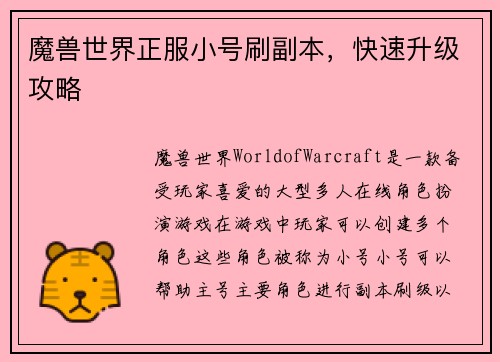 魔兽世界正服小号刷副本，快速升级攻略